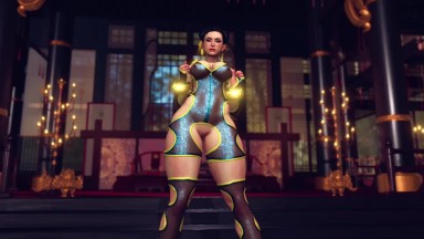 Busty Chun Li in slutty bodysuit solo dancing and posing in сhinese temple