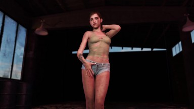 Shy slim Ellie dances solo in dirty clothe inside abandoned hangar